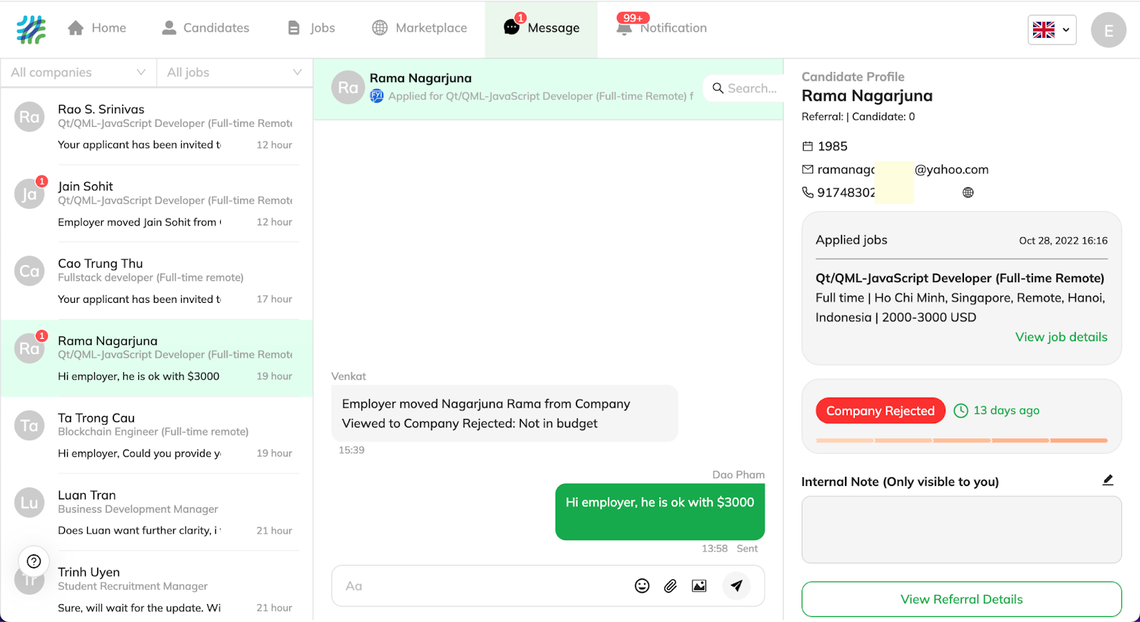 Recruitery launched the message chat function on our platform